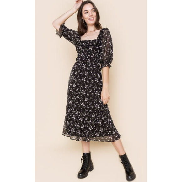 row a Dresses & Skirts - Row A Floral Garden Core Midi Dress Side Slit 3/4 Ruffle Sleeve Black Purple M